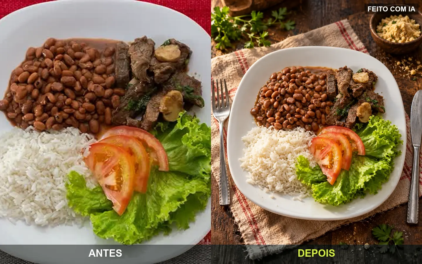 Prato feito antes e depois, feito com IA.