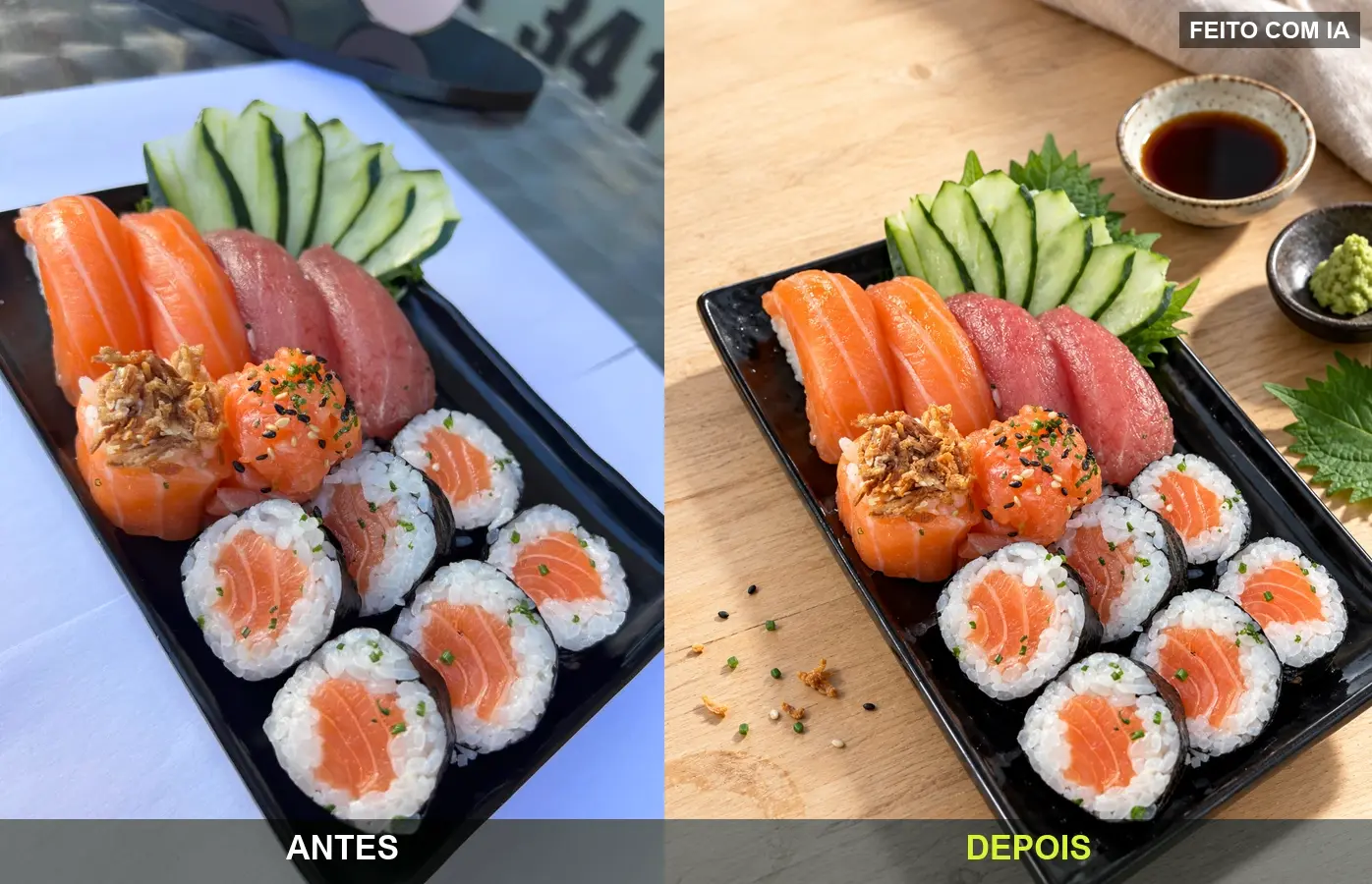 Combinado de sushi antes e depois, feito com IA.